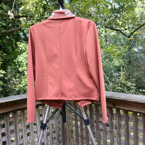 Pumpkin Spice Fabric Moto Style Jacket with Vibrant Floral Embroidery Sz L - Picture 8 of 10